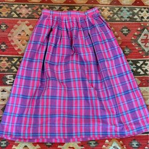 LL Bean vintage Vibrant Pink Blue Plaid Madras Midi Skirt Medium Petite Preppy